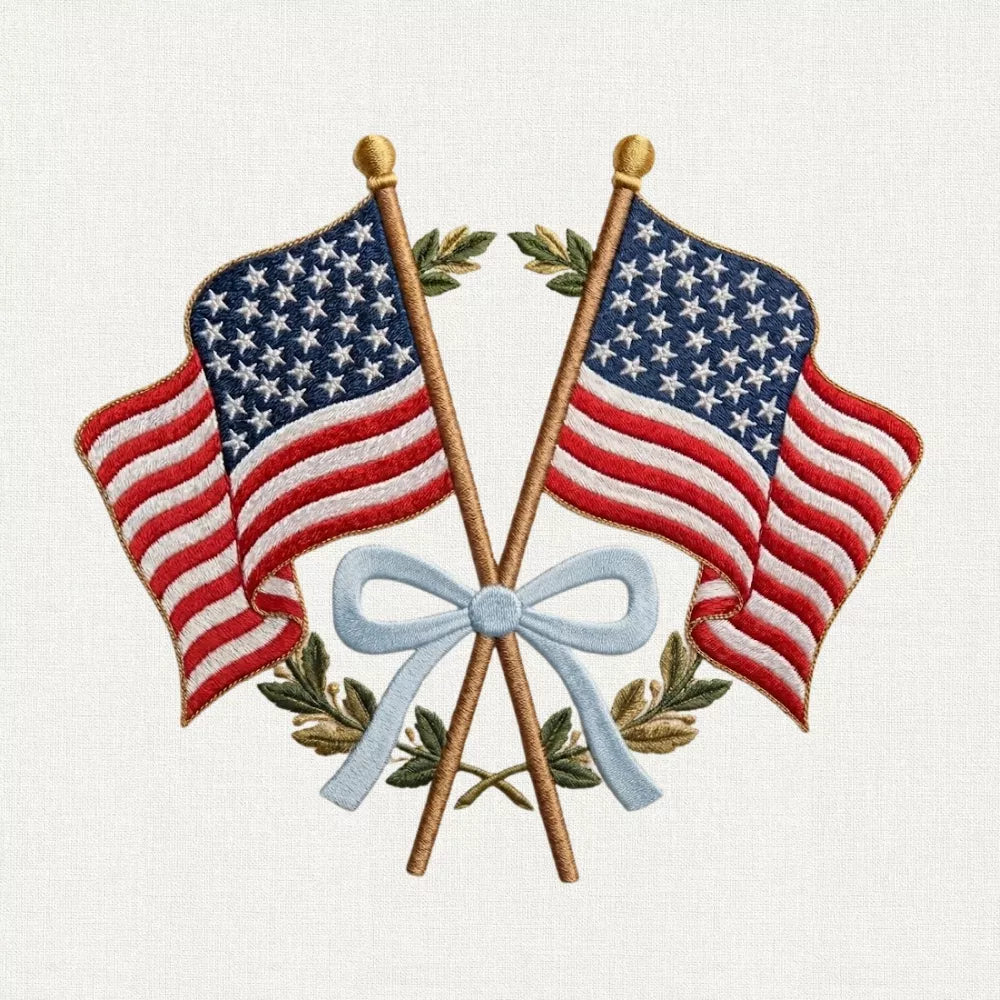 Patriotic American Flag Embroidery Design with Bow