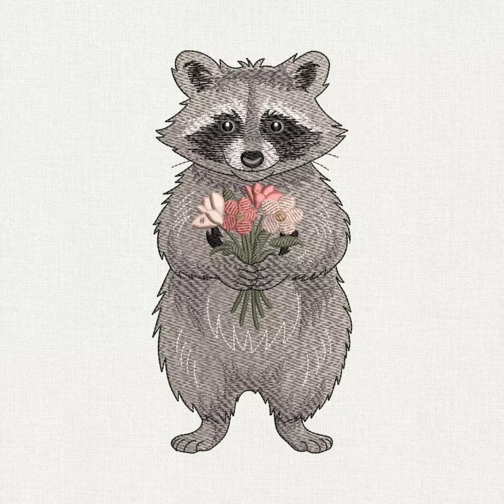 raccoon with bouquet embroidery design