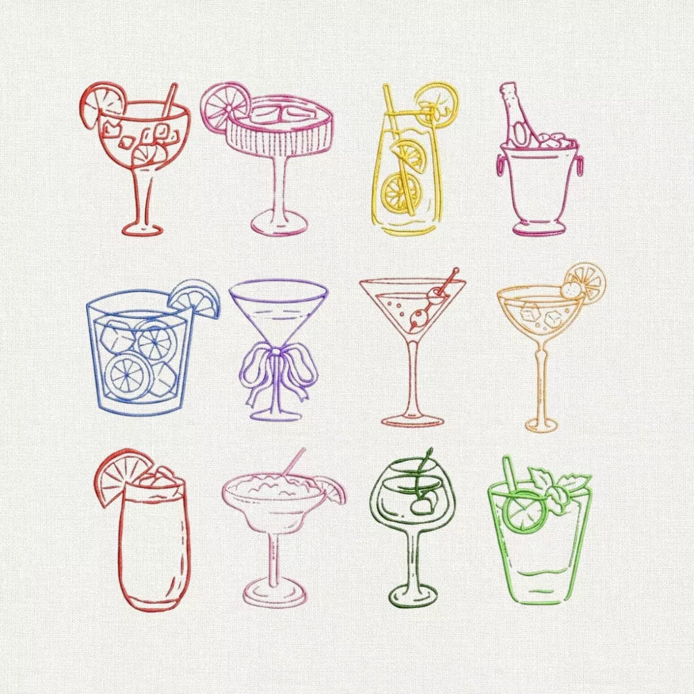 Summer Cocktail Line Art Embroidery Bundle Design