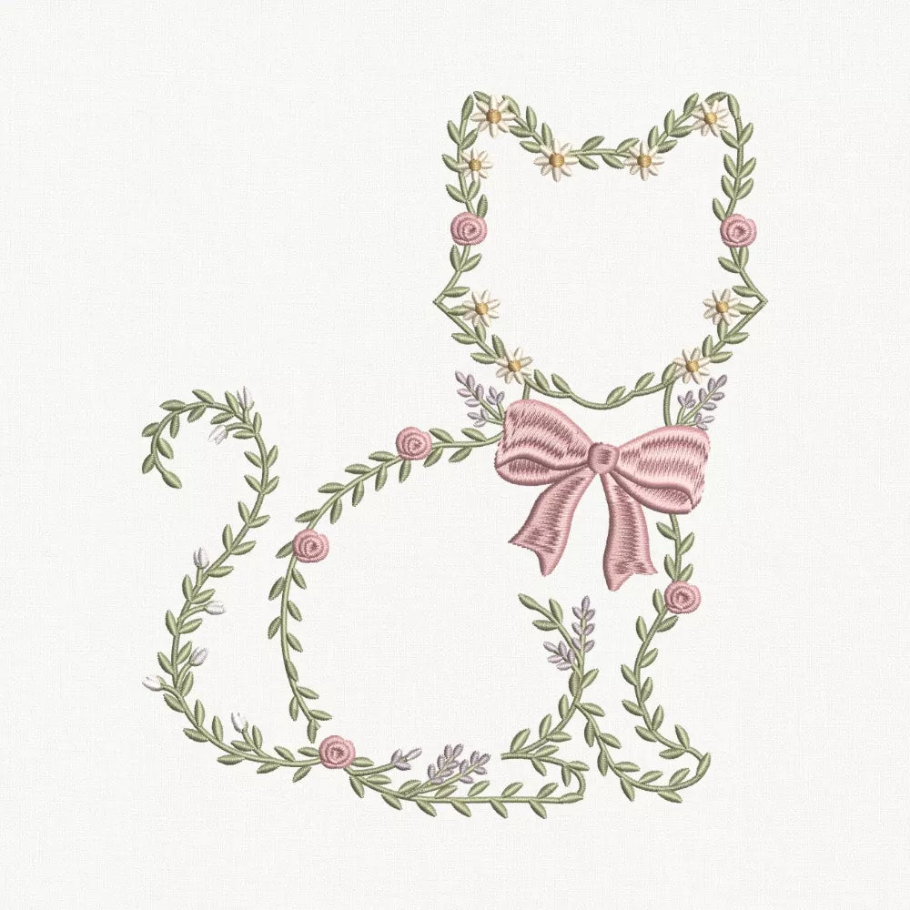 Floral Outline Cat Embroidery Design