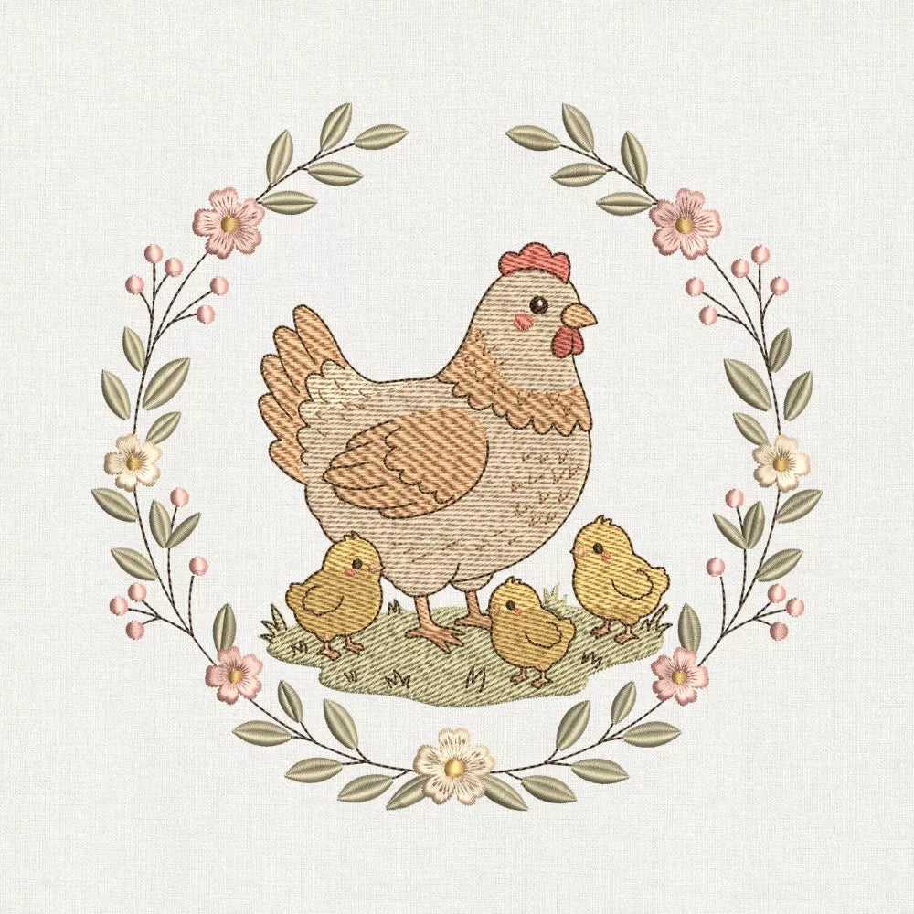 Hen and Chicks Embroidery Design