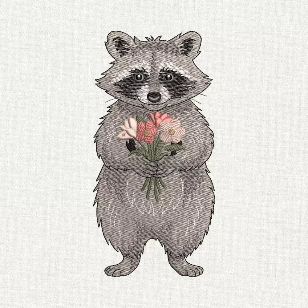 raccoon with bouquet embroidery design