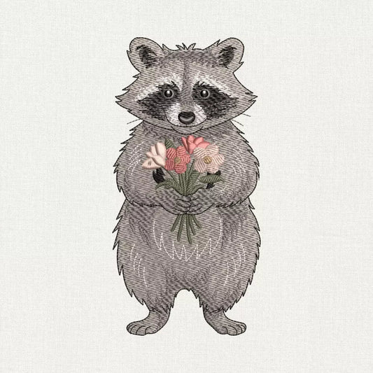 raccoon with bouquet embroidery design