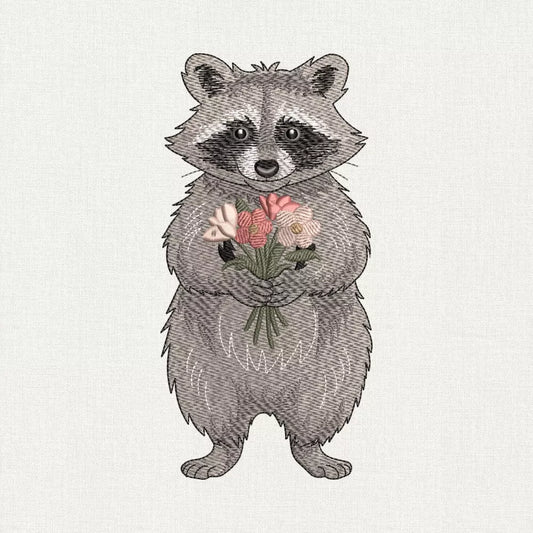 raccoon with bouquet embroidery design
