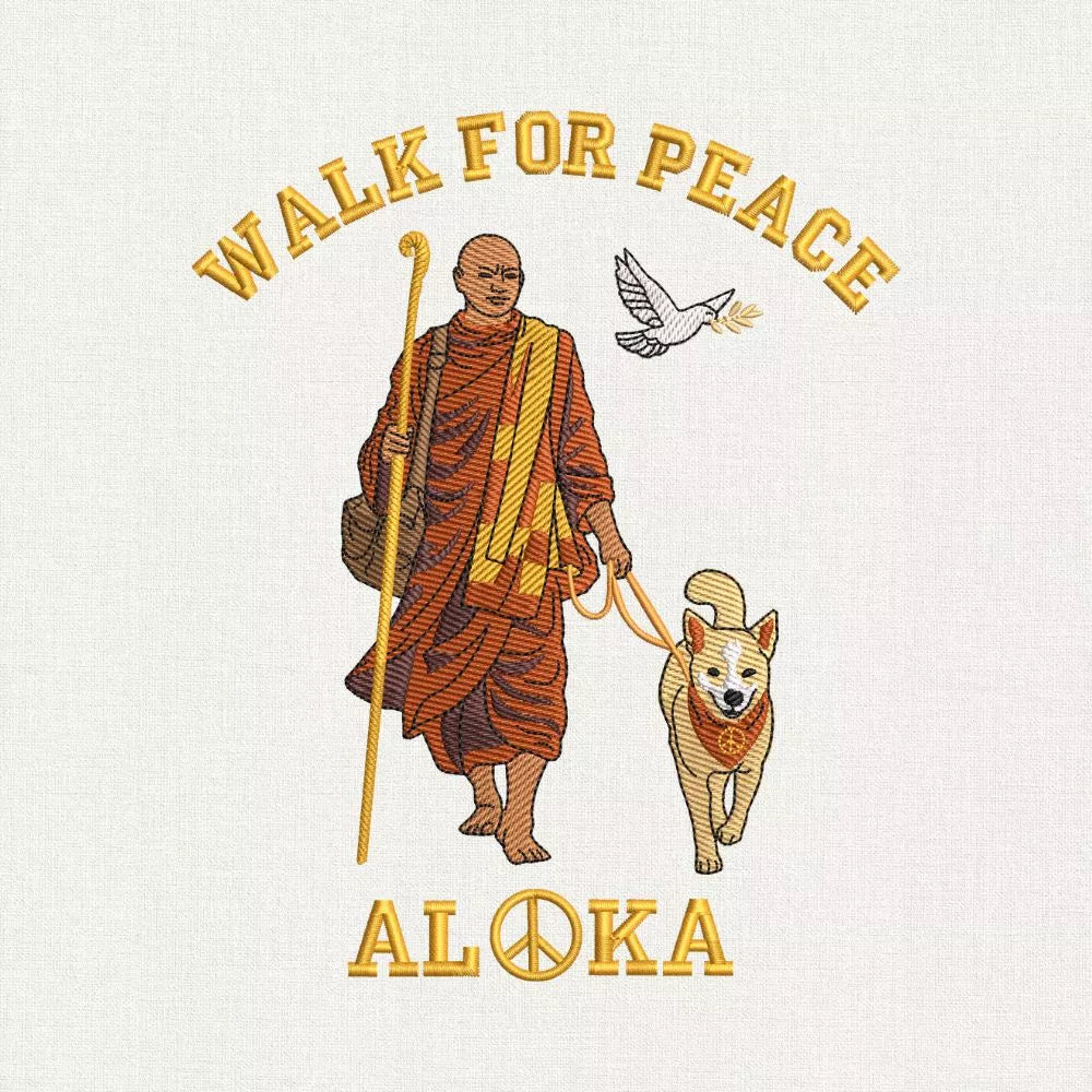 walk for peace monks with aloka dog embroidery design